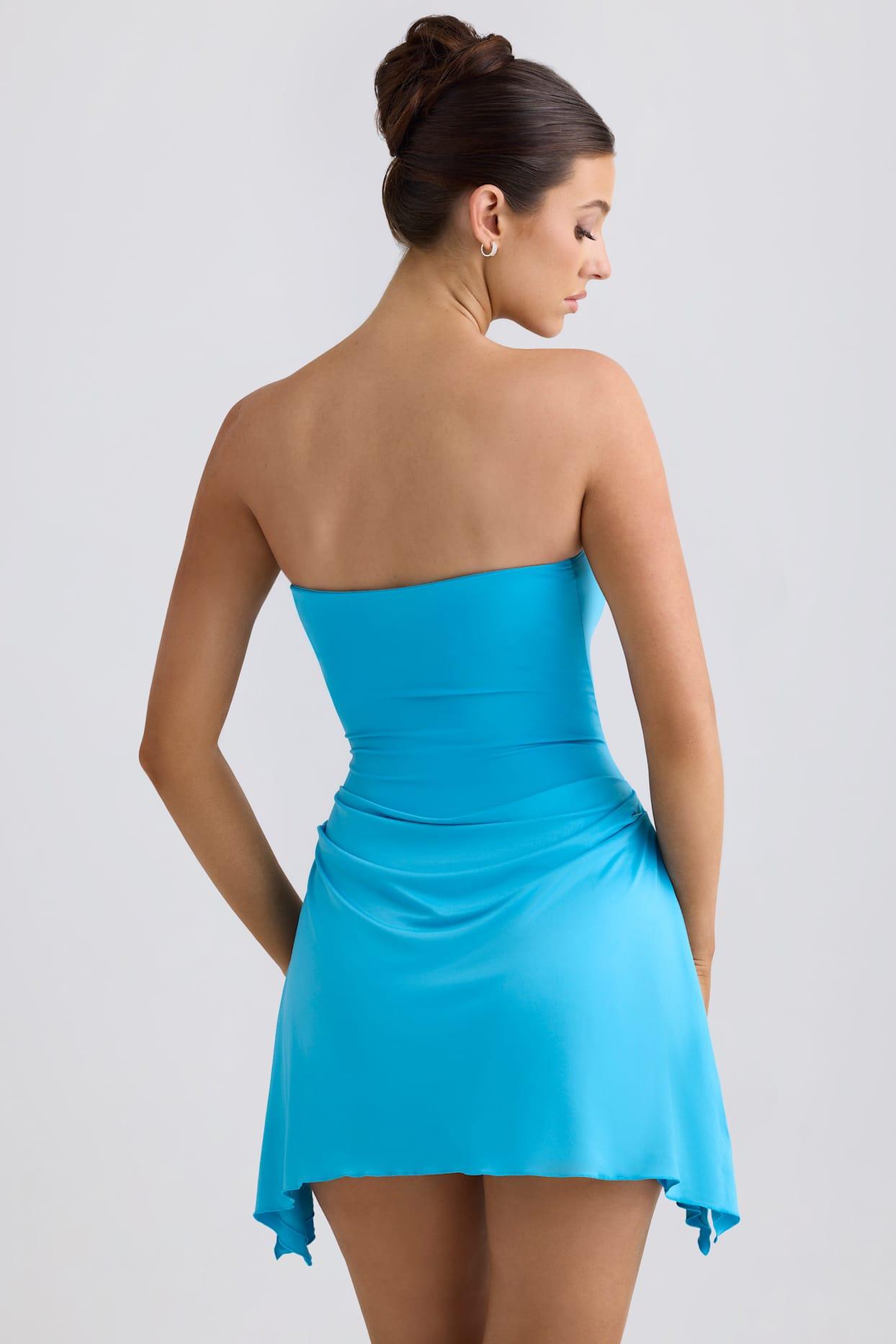 Slinky Jersey Draped A-Line Mini Dress in Aqua Blue Product Image
