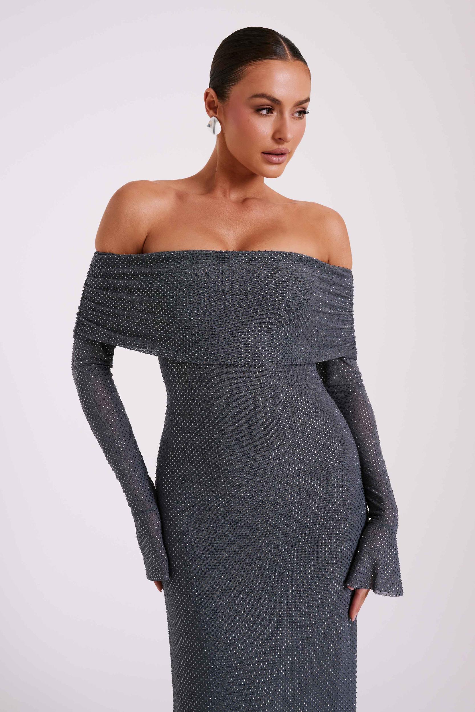 Marcel Off Shoulder Diamante Maxi Dress - Gunmetal Product Image