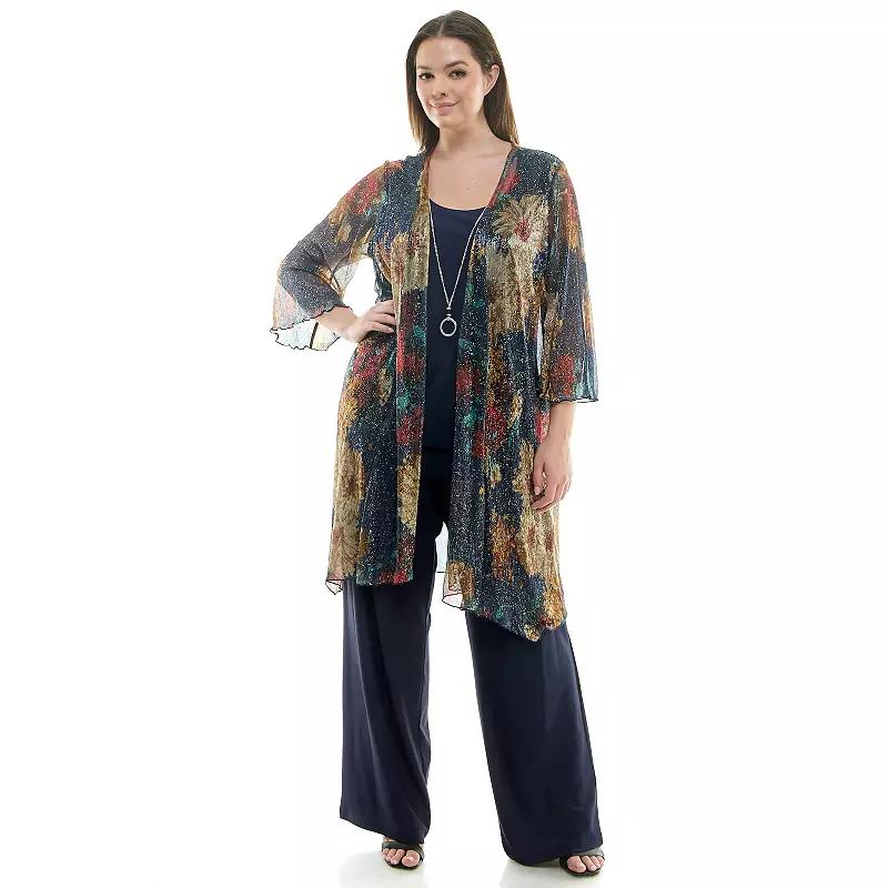 Plus Size Luxology 3-Piece Shimmer Cardigan, Tank Top & Straight Leg Pants Set, Women's, Size: 1XL, Yellow Black Product Image