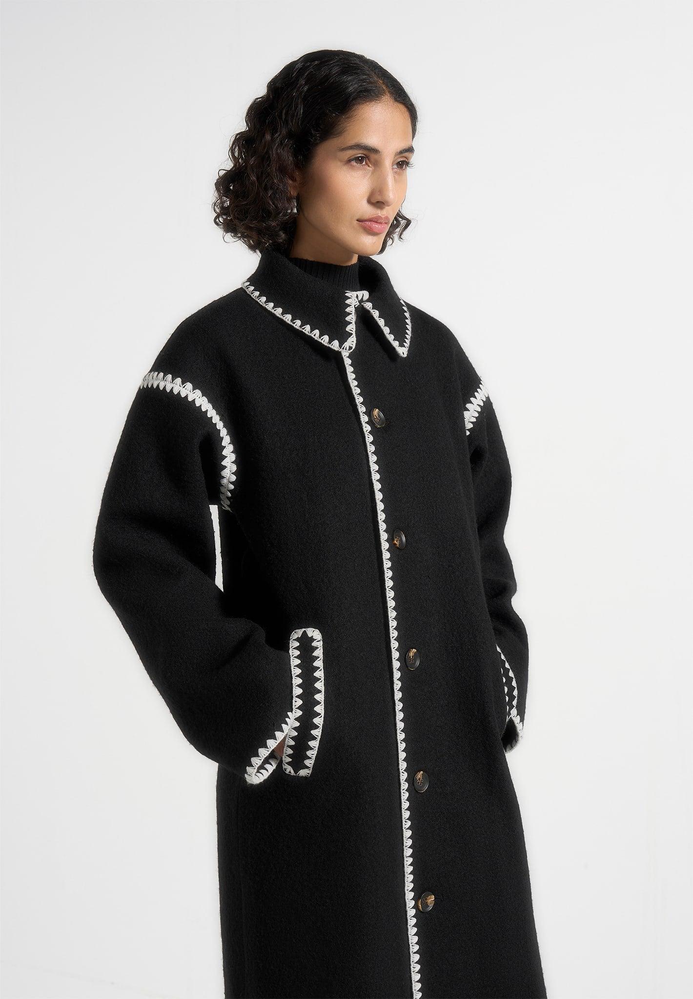 Elora - Wool Blanket Stitch Belted Longline Coat - Black Female Product Image