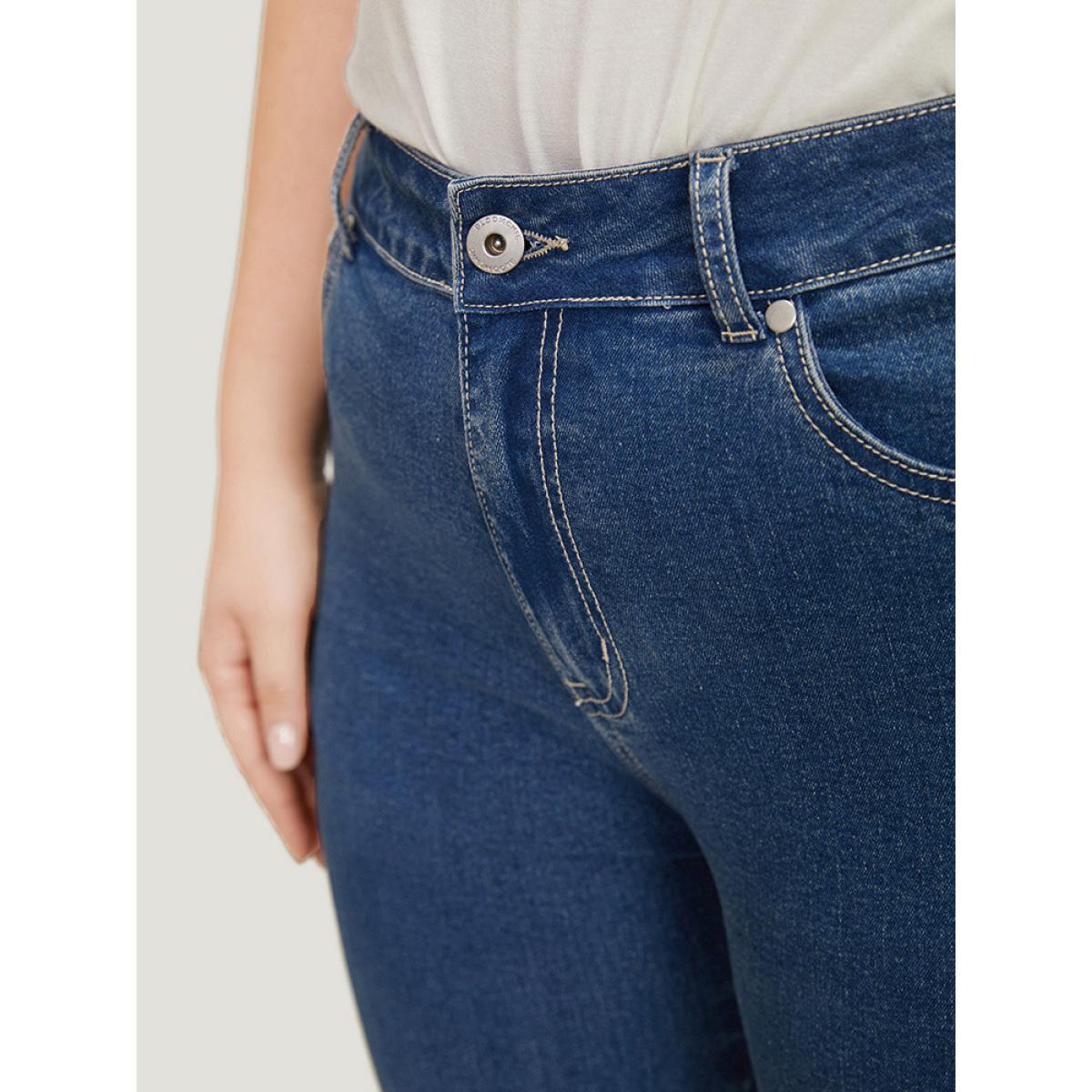 Plus Size Pearl Beaded Patchwork Medium Wash Jeans Women Indigo Casual Colorblock Beaded High stretch Pocket Jeans BloomChic 18/2X Product Image