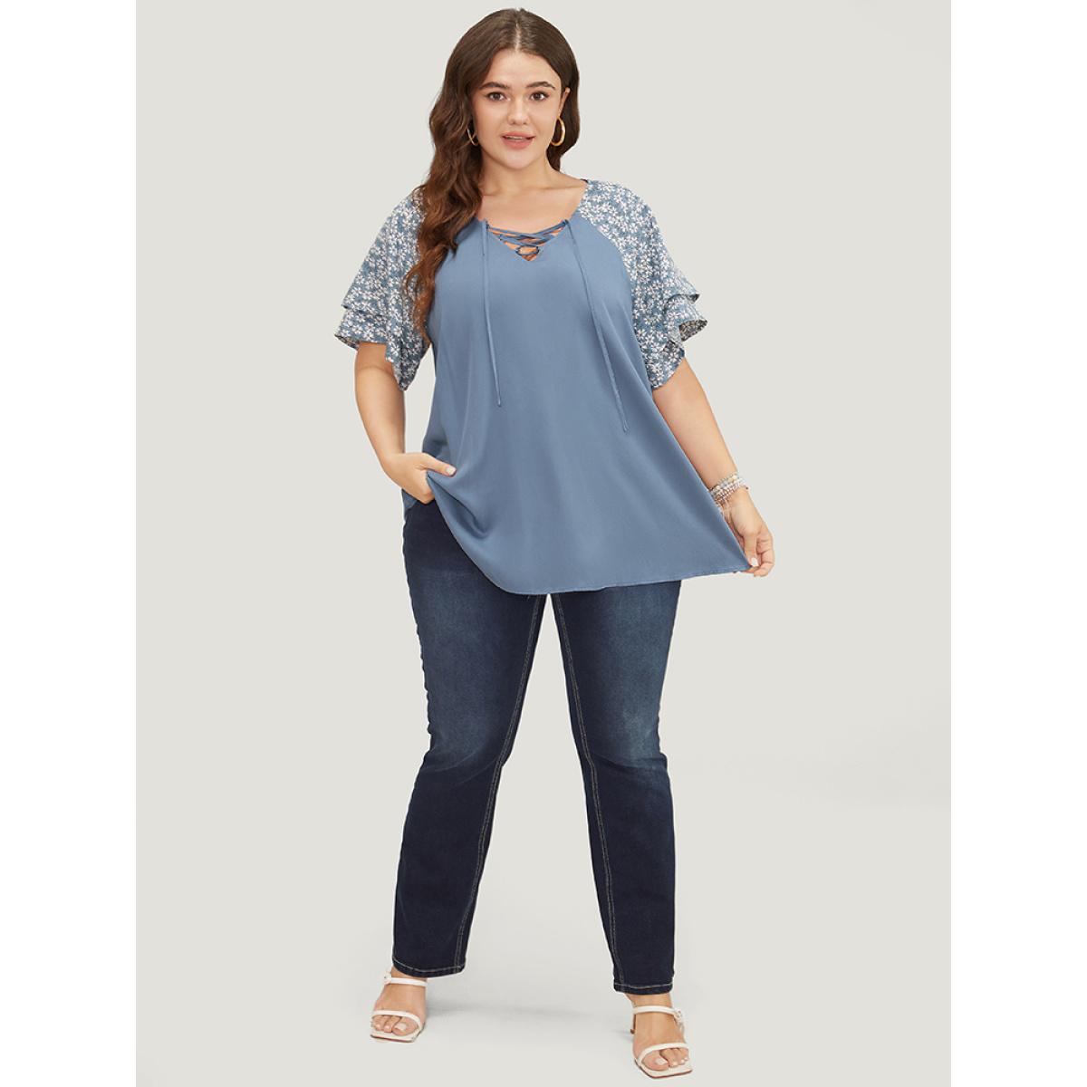 Plus Size Stone Ditsy Floral Raglan Sleeve Ruffle Tiered Lace Up Blouse Women Elegant Short sleeve Tie Neck Dailywear Blouses BloomChic 10/M Product Image