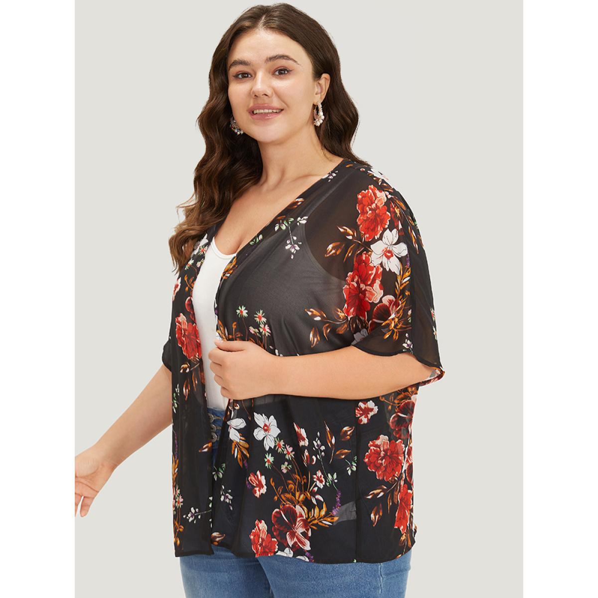 Plus Size Floral Print Mesh Dolman Sleeve Kimono Women BlackFlower Elegant See through Loose Dailywear Kimonos BloomChic 26/4X Product Image