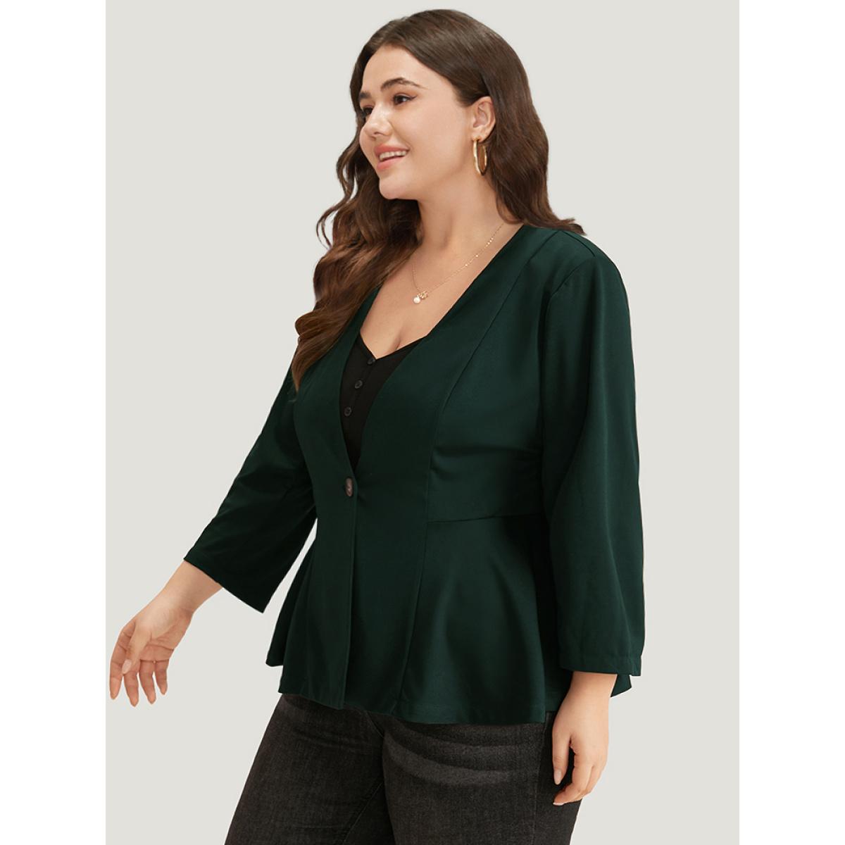 Plus Size Plain Button Up Ruffle Hem Blazer Green Women Dailywear Plain Plain Sleeve Long Sleeve V-neck 26/4X Casual Blazers BloomChic Product Image