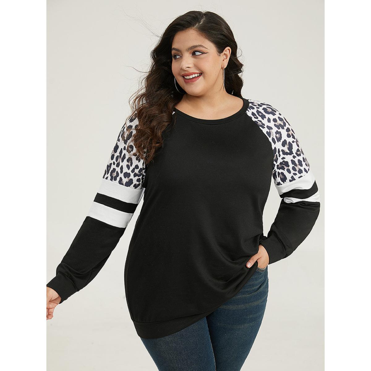 Plus Size Leopard Striped Patchwork Raglan Sleeve Sweatshirt Women Black Casual Contrast Round Neck Dailywear Sweatshirts BloomChic 26/4X Product Image