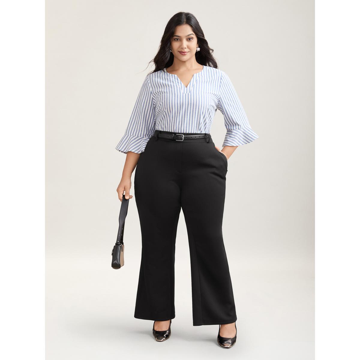 Plus Size Stretchy Waist Zipper Pocket Flared Pants Women Black Office Bootcut Mid Rise Office Pants BloomChic 12/L Product Image