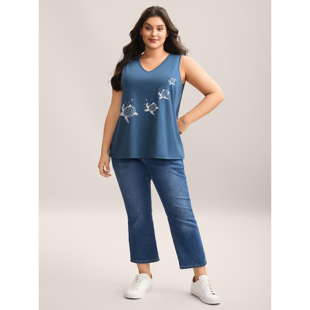 Plus Size Turtle Print V-Neck Tank Top Women Aegean Leisure Non V-neck Casual Tank Tops Camis BloomChic 22-24/3X Product Image