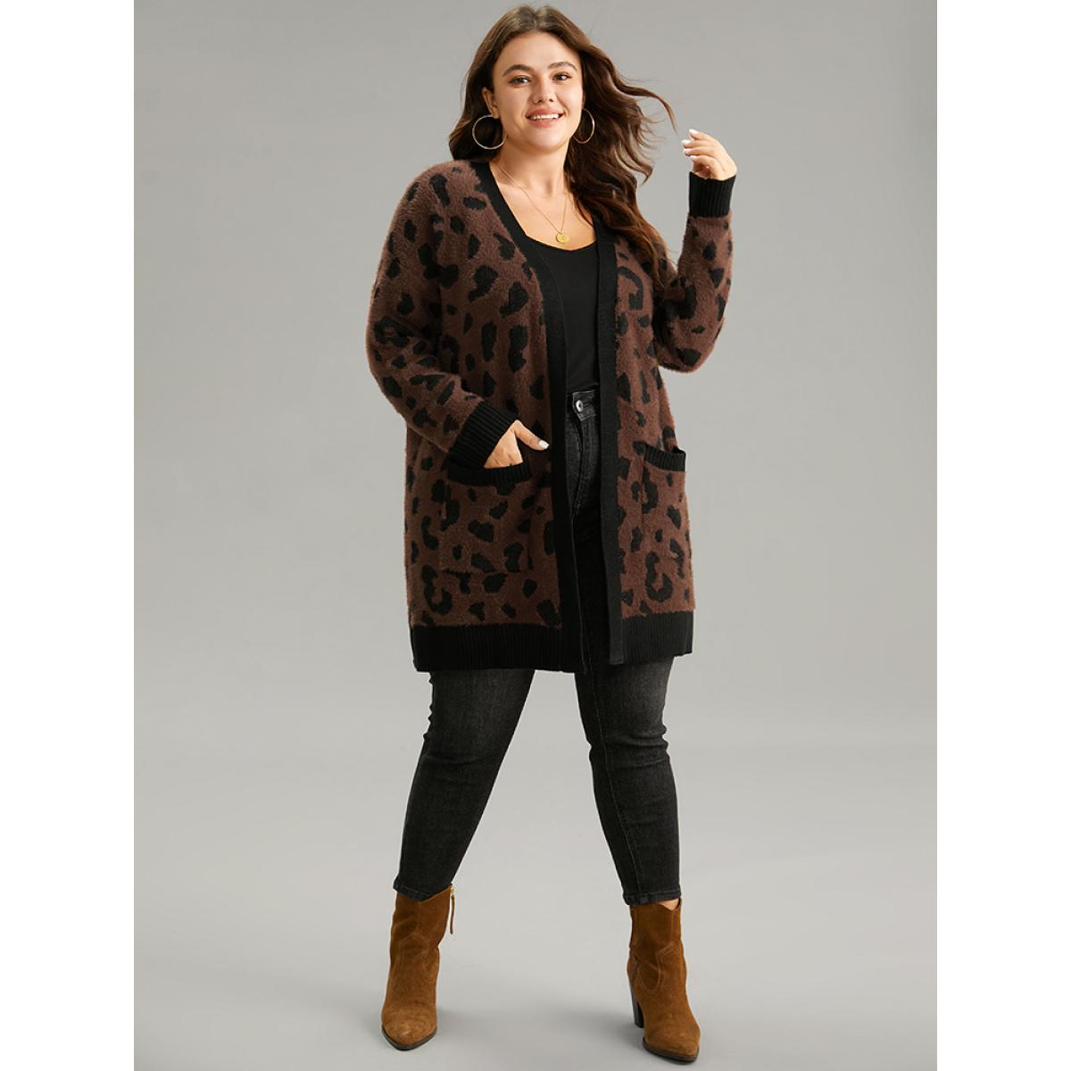 Plus Size Leopard Contrast Open Front Jacquard Cardigan DarkBrown Women Casual Loose Long Sleeve Everyday Cardigans BloomChic 12/L Product Image