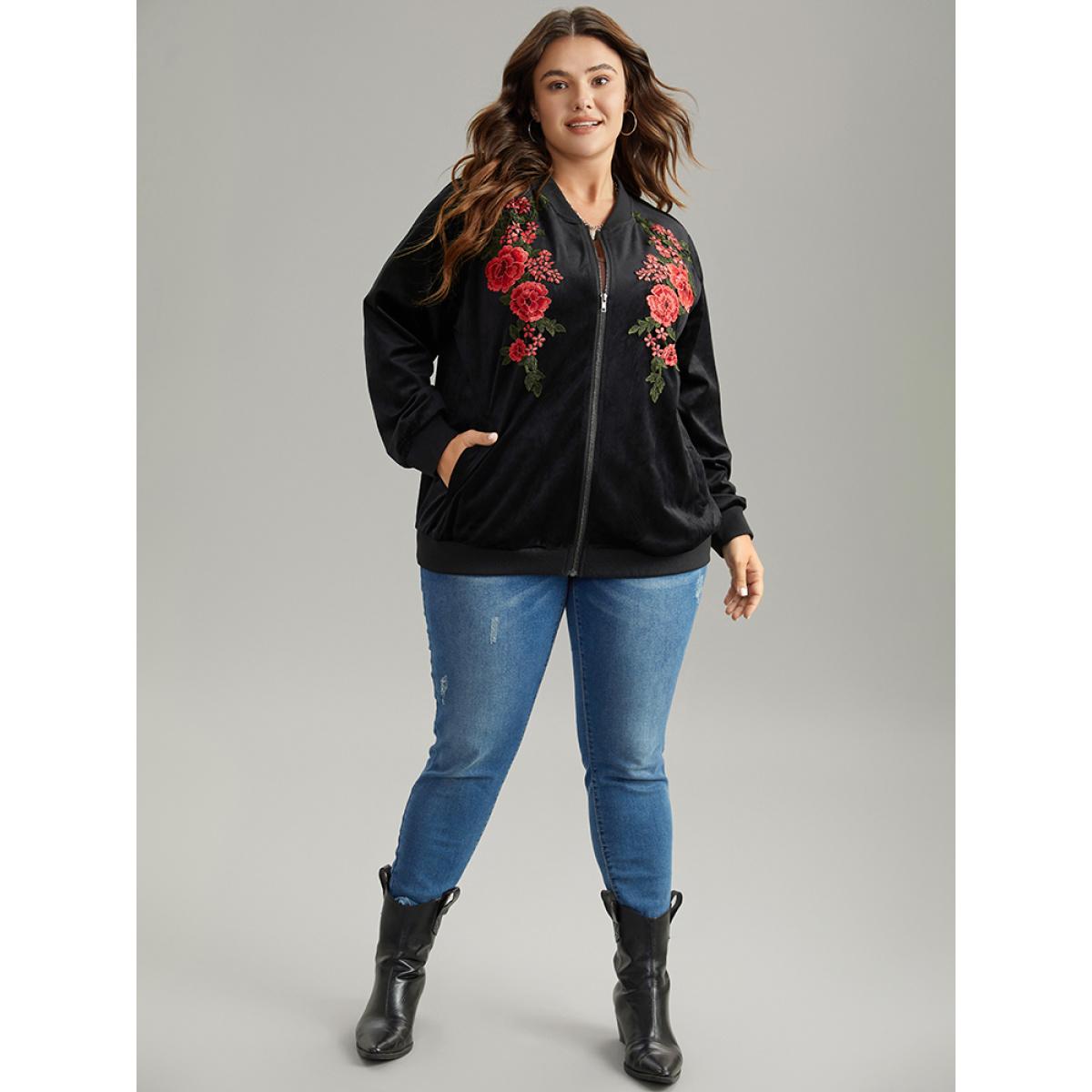 Plus Size Velvet Floral Embroidered Zipper Pocket Bomber Jacket Women Black Contrast Pocket Dailywear Jackets BloomChic 10/M Product Image