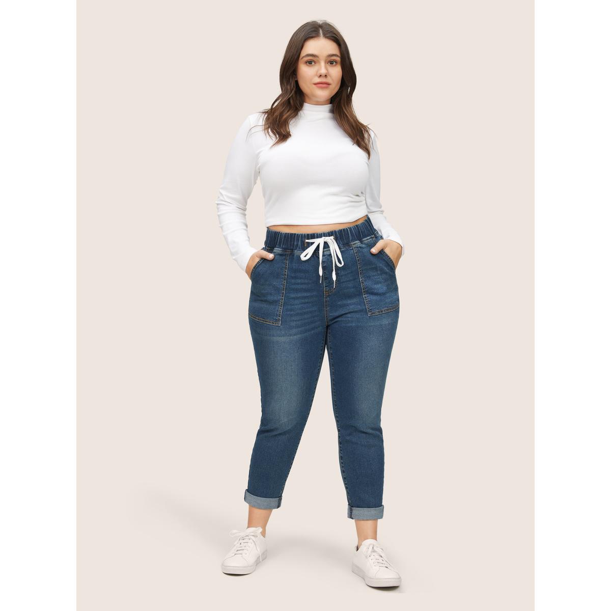 Plus Size Drawstring Elastic Waist Roll Hem Jeans Women DarkBlue Casual Plain Drawstring High stretch Slanted pocket Jeans BloomChic 18/2X Product Image