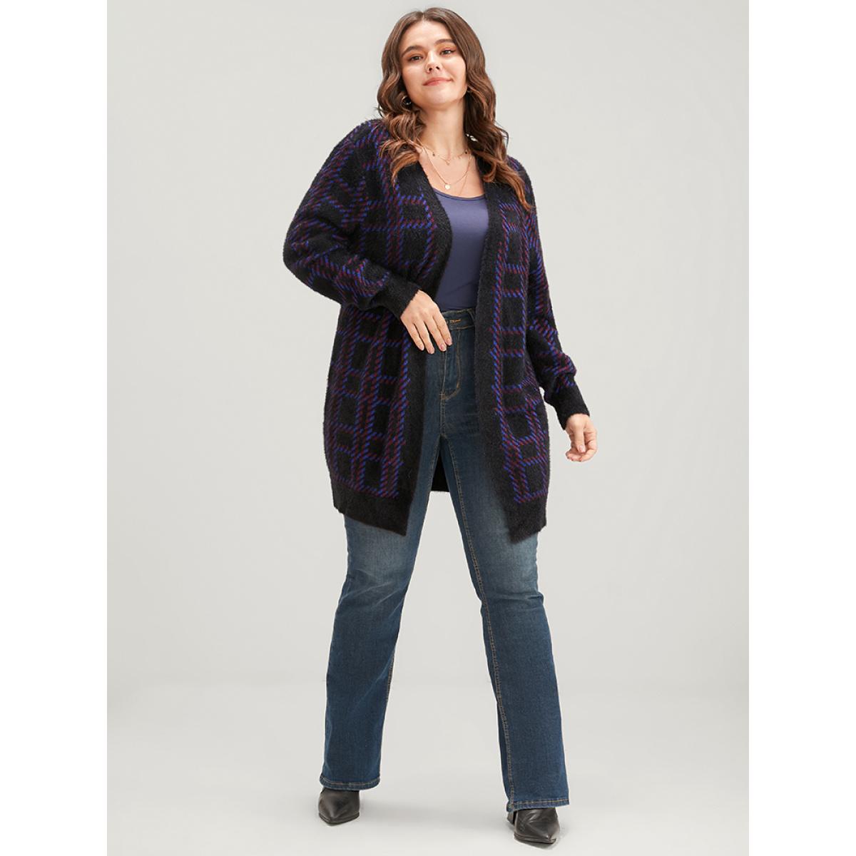 Plus Size Plaid Contrast Soft Sexy Yarn Knit Fluffy Open Front Cardigan BlackFlower Women Casual Loose Long Sleeve Everyday Cardigans BloomChic 10/M Product Image