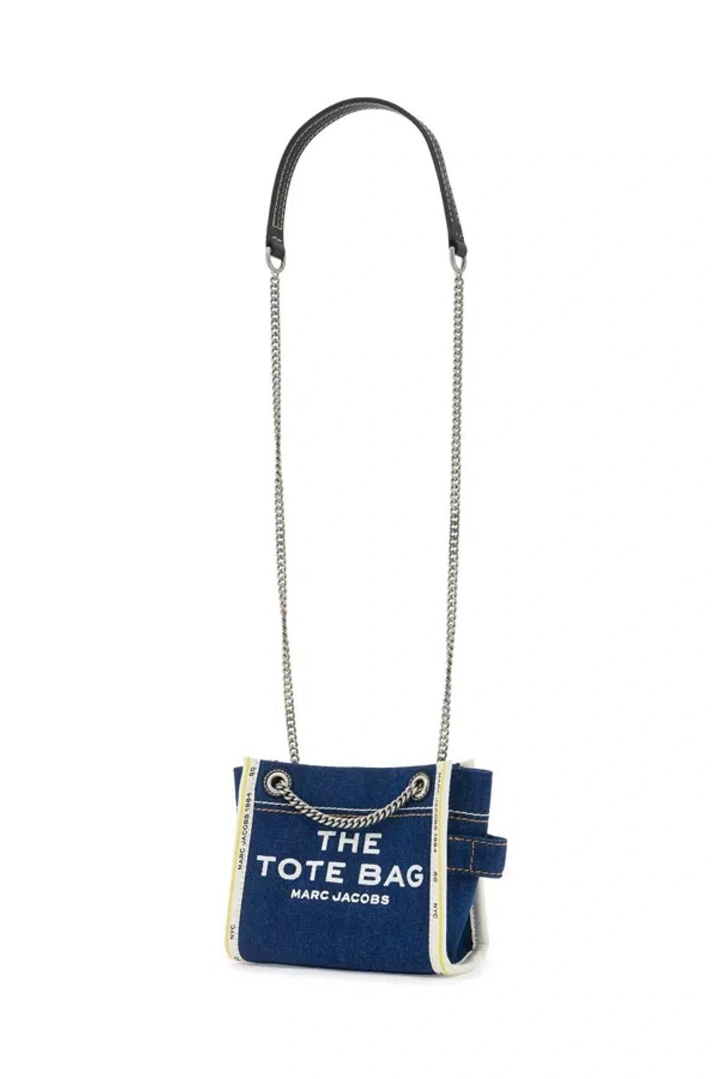 MARC JACOBS The Medium Tote In Blue Denim With Embroidered Logo In Dark Wash Product Image