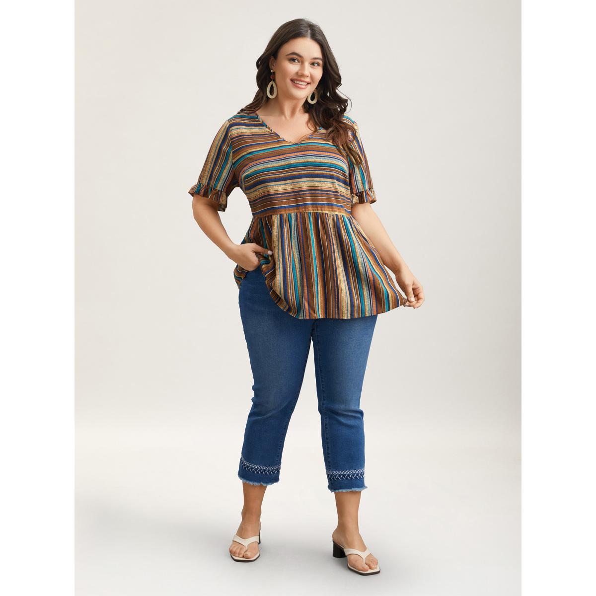 Plus Size Multicolor Striped V-Neck Peplum Shirt Women Boho Short sleeve V-neck Vacation Blouses BloomChic 26/4X Product Image