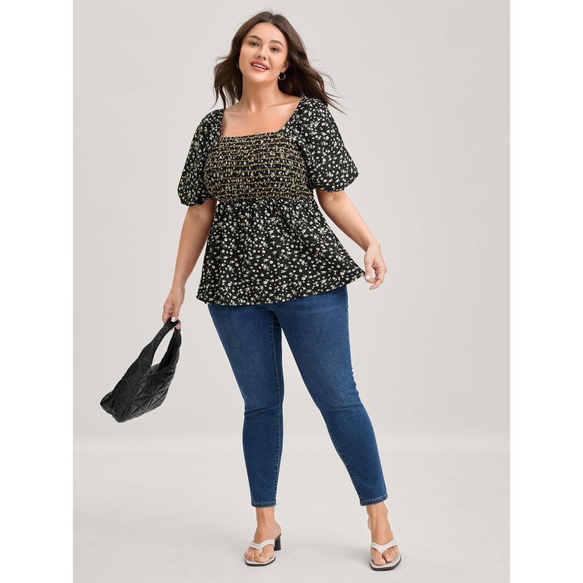 Plus Size Black Shirred Bust Floral Fit and Flared Blouse Women Short sleeve Square Neck Everyday-Elegant Blouses BloomChic 12/L Product Image