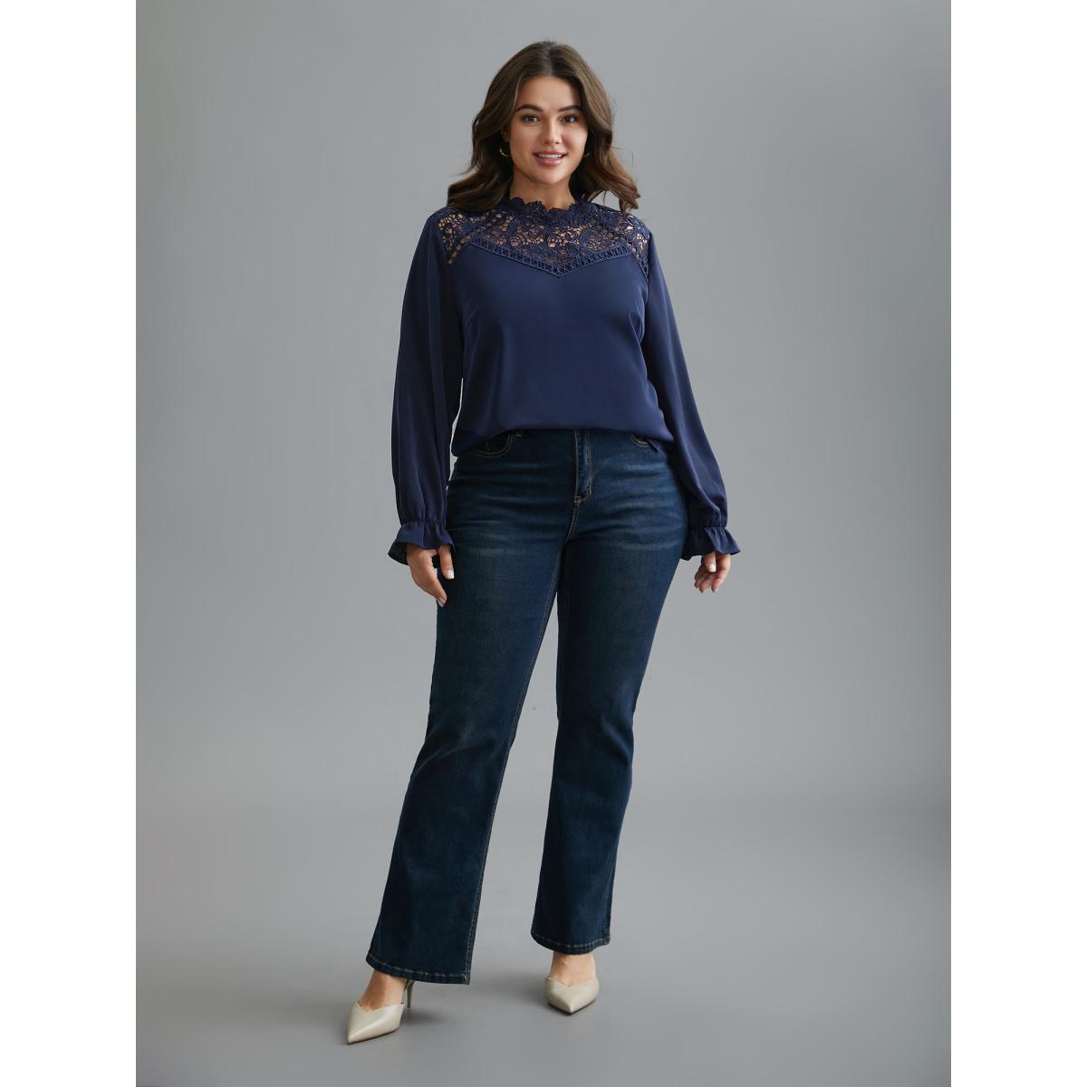 Plus Size Indigo Lace Cut-Out Sheer Stand Collar Blouse Women Elegant Long Sleeve Stand-up collar Everyday Blouses BloomChic 22-24/3X Product Image