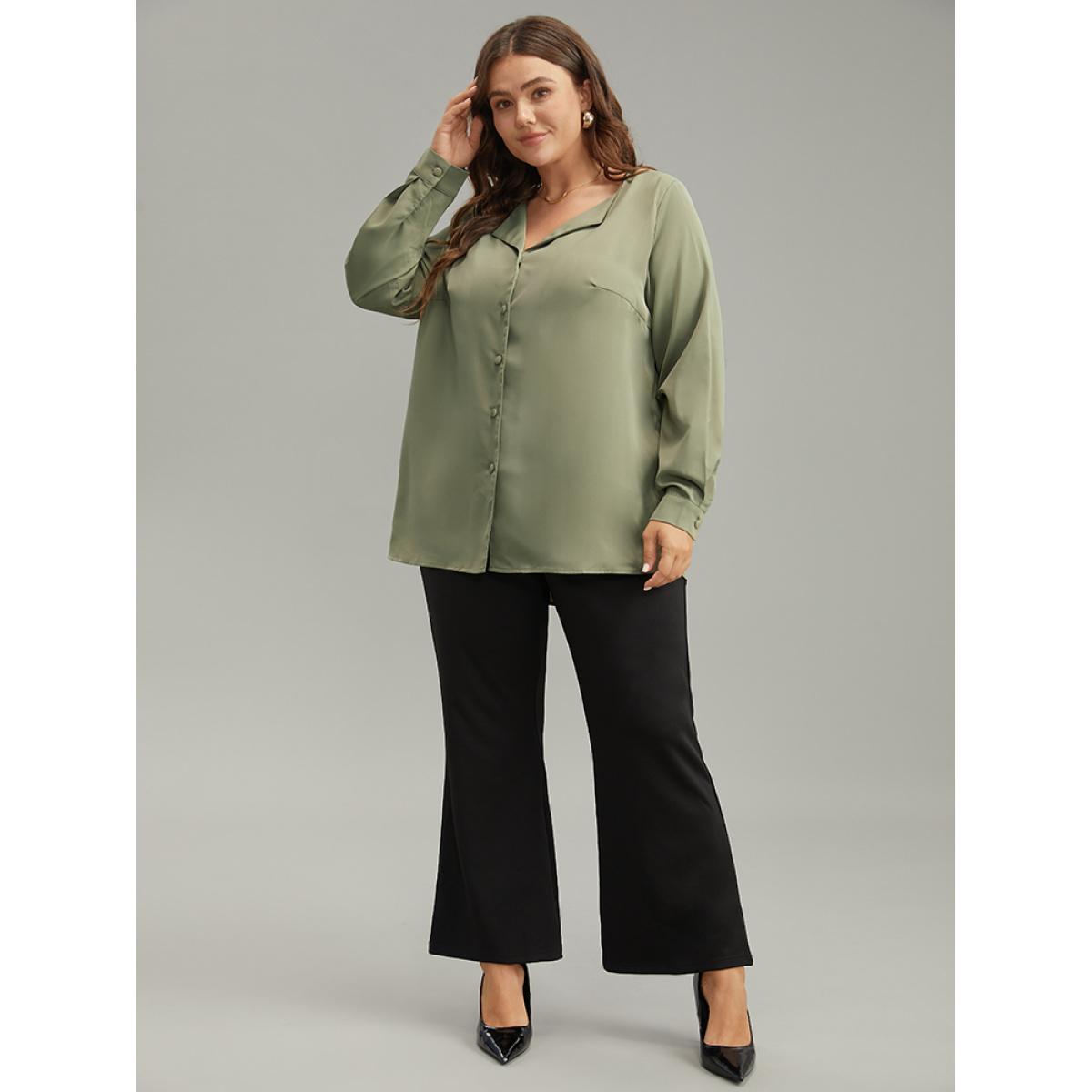 Plus Size ArmyGreen Lapel Collar Button Up Blouse Women Office Long Sleeve Lapel Collar Office Blouses BloomChic 14-16/1X Product Image