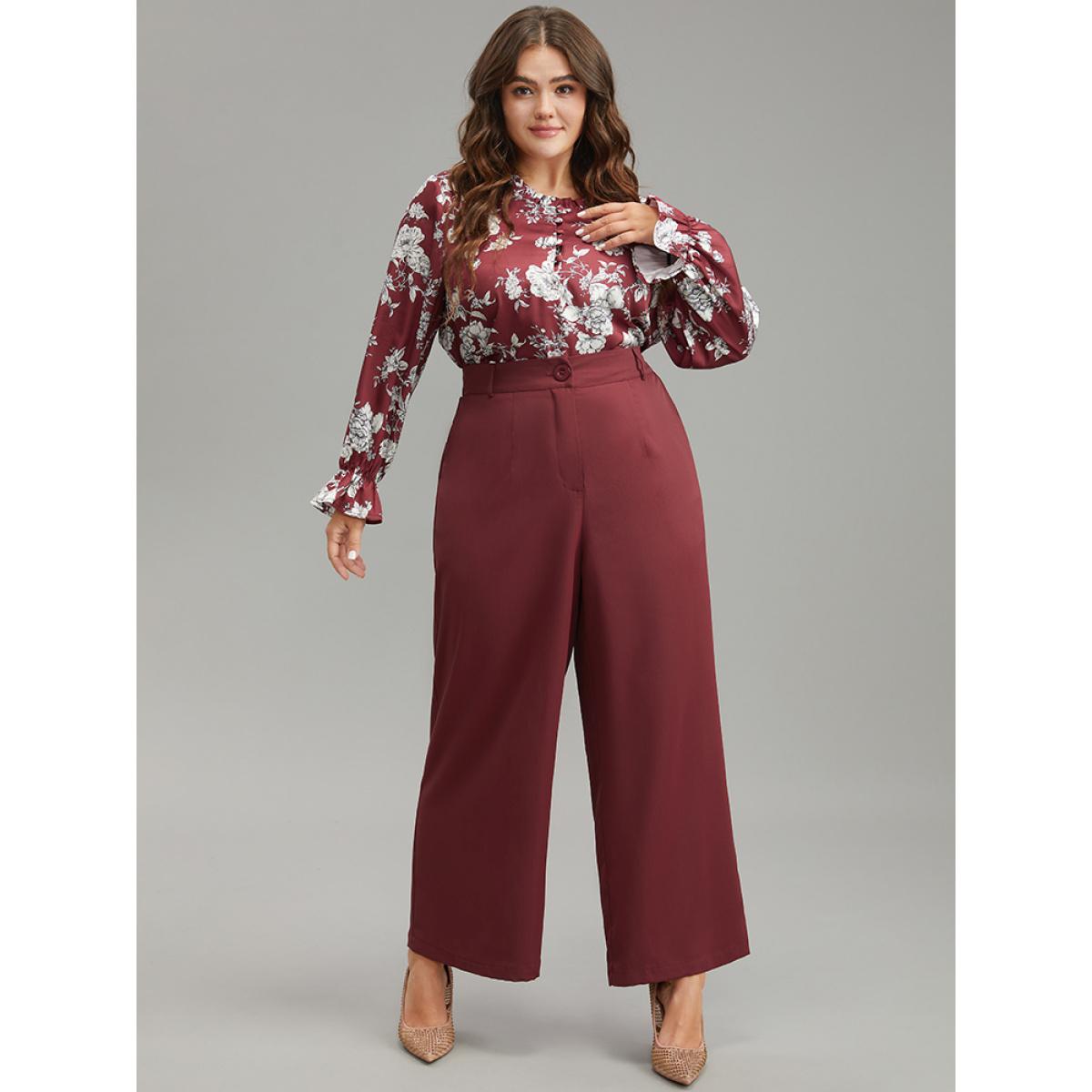 Plus Size Solid Pocket Button Up Elastic Waist Pants Women Scarlet Elegant Straight Leg High Rise Dailywear Pants BloomChic 30/6X Product Image