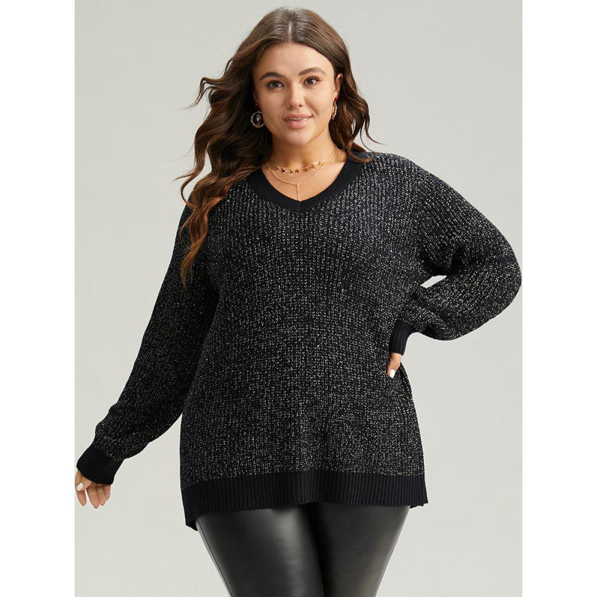 Plus Size Sparkly Elastic Cuffs Loose Pullover Black Women Casual Loose Long Sleeve V-neck Dailywear Pullovers BloomChic 10/M Product Image