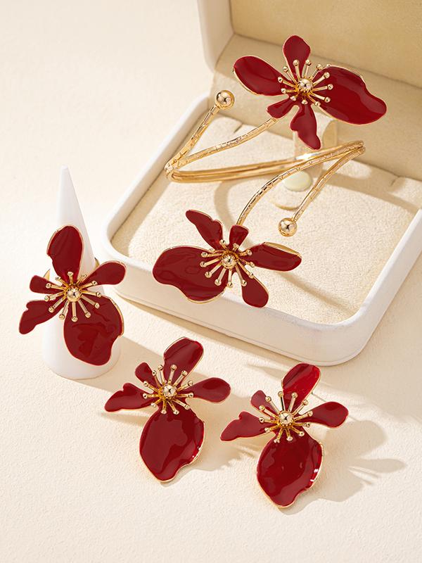 Flower Shape Bracelet + Earrings + Rings Accessories Three Pieces Product Image