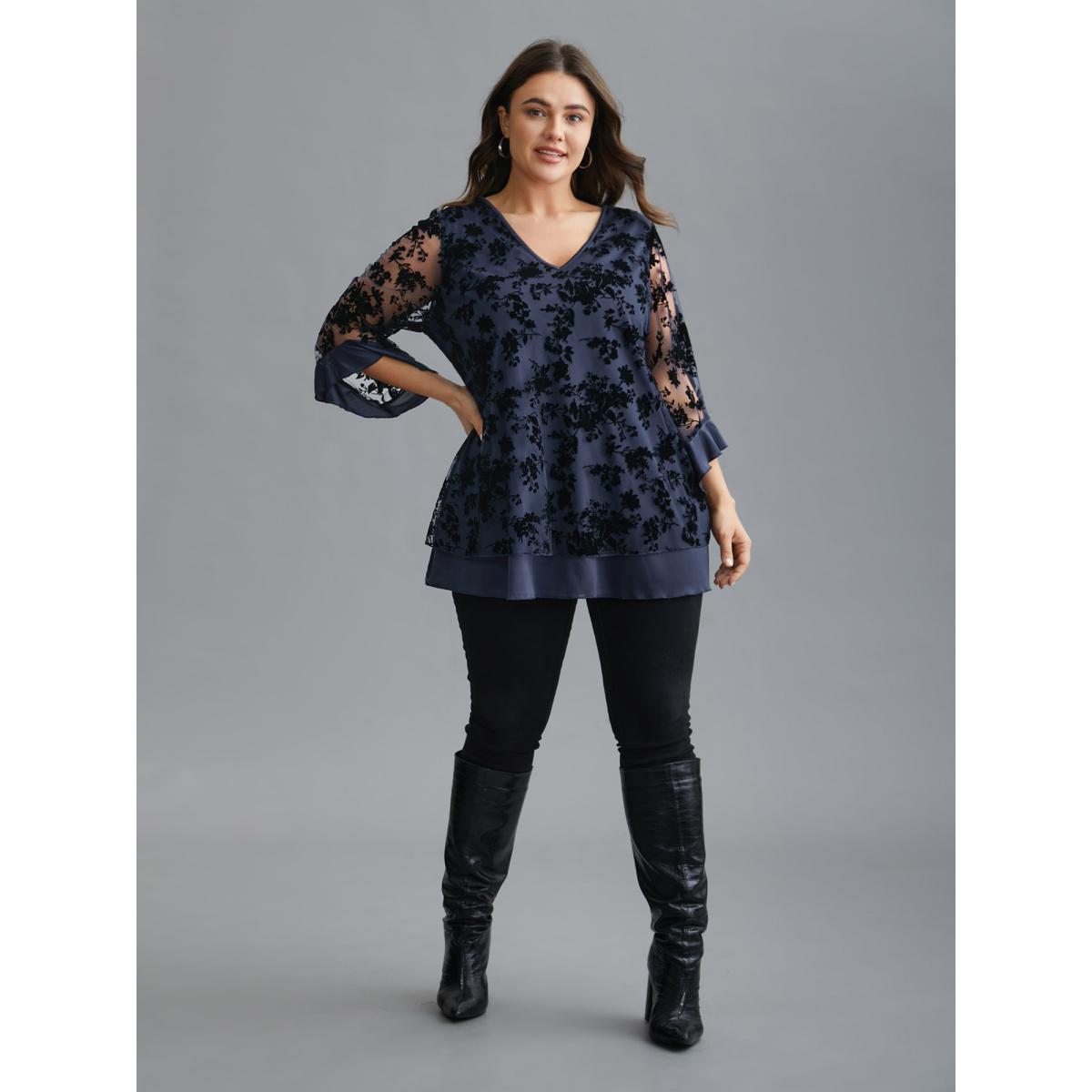 Plus Size Indigo Floral Flocking Mesh Asymmetrical Hem Blouse Women Timeless Three Quarter Length Sleeve V-neck Elegant Blouses BloomChic 10/M Product Image