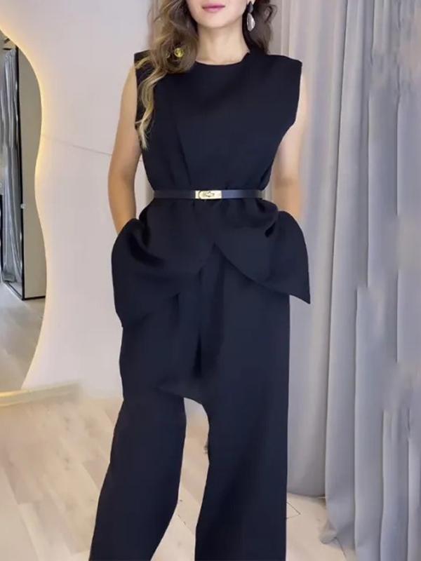 Loose Sleeveless Split-Front Split-Joint Round-Neck Vest Top Product Image