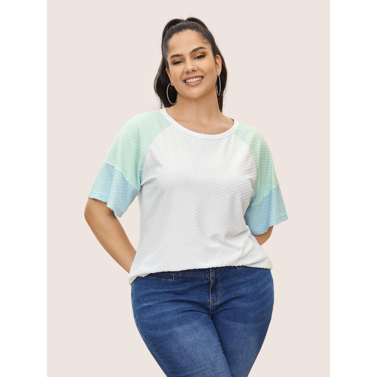Plus Size Round Neck Textured Patchwork Contrast T-shirt White Women Casual Texture Round Neck Everyday T-shirts BloomChic 22-24/3X Product Image