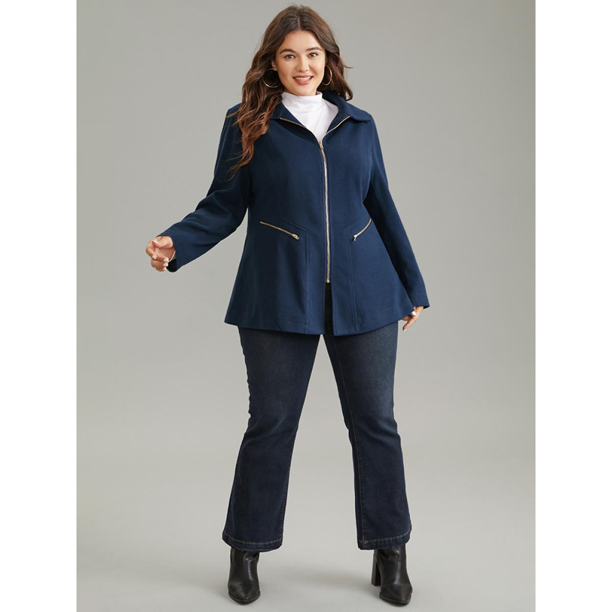 Plus Size Plain Pocket Lapel Collar Zipper Coat Women Indigo Work From Home Lined Ladies Office Winter Coats BloomChic 30/6X Product Image
