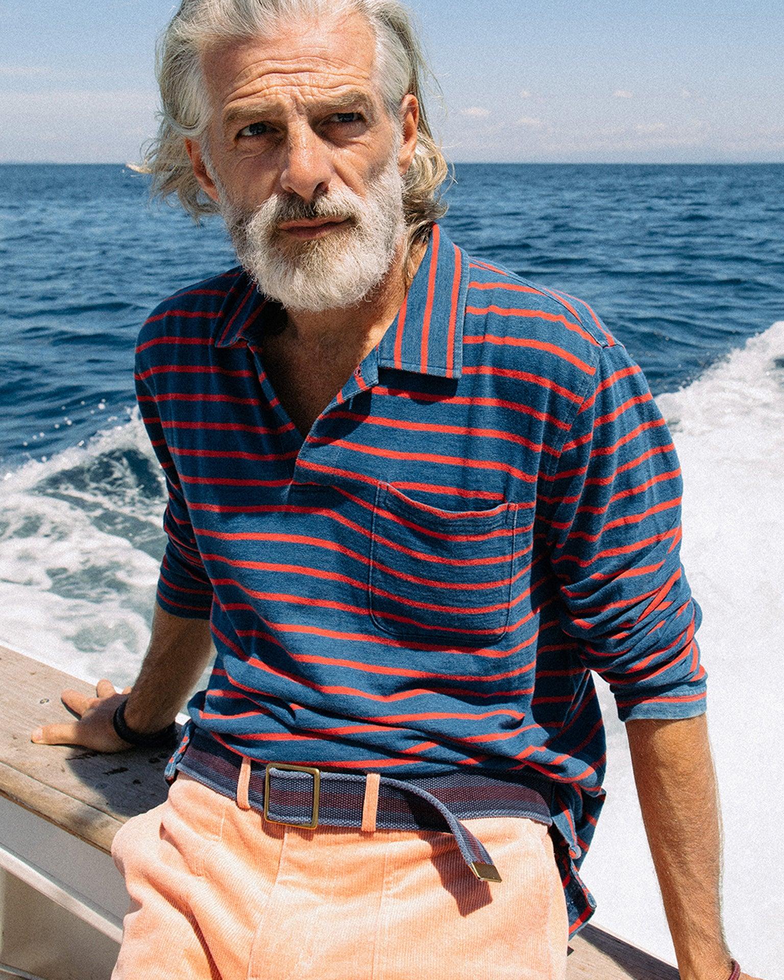 Long Sleeve Indigo Polo in 3/4" Red/Navy Stripe Product Image