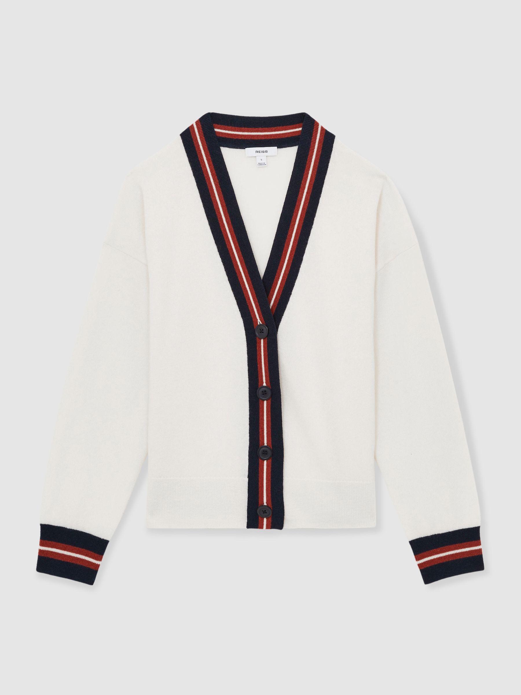 Wool-Cashmere Stripe-Trim Cardigan in White Product Image