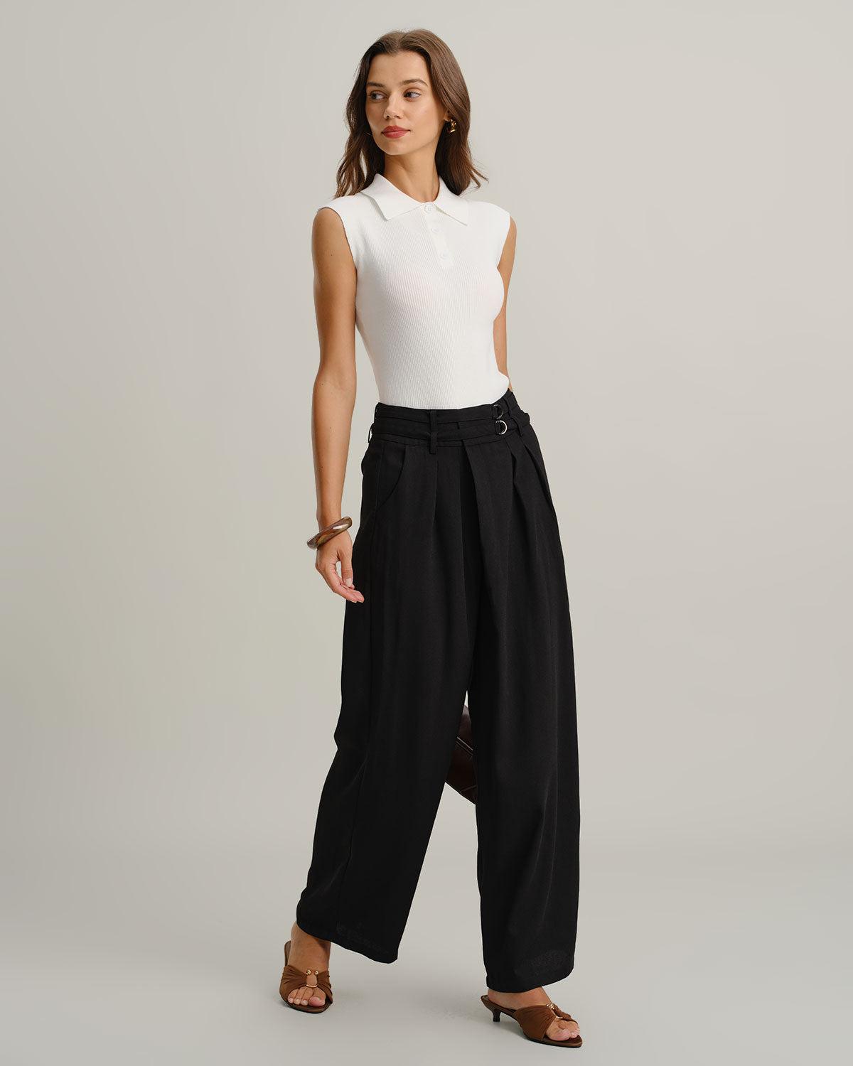 Black Ruched Straight Pants Product Image