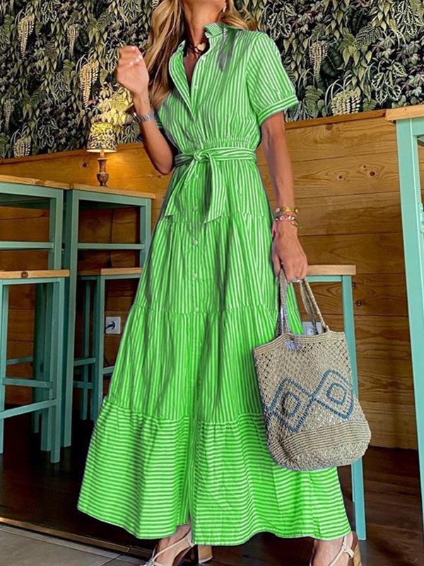 Loose Short Sleeves Striped Lapel Maxi Dresses Product Image