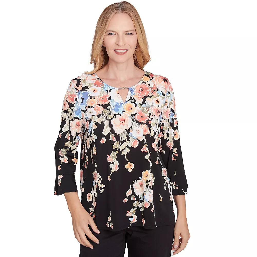 Women's Alfred Dunner Falling Flower Beaded Split Neck Top, Size: Small, Black Product Image