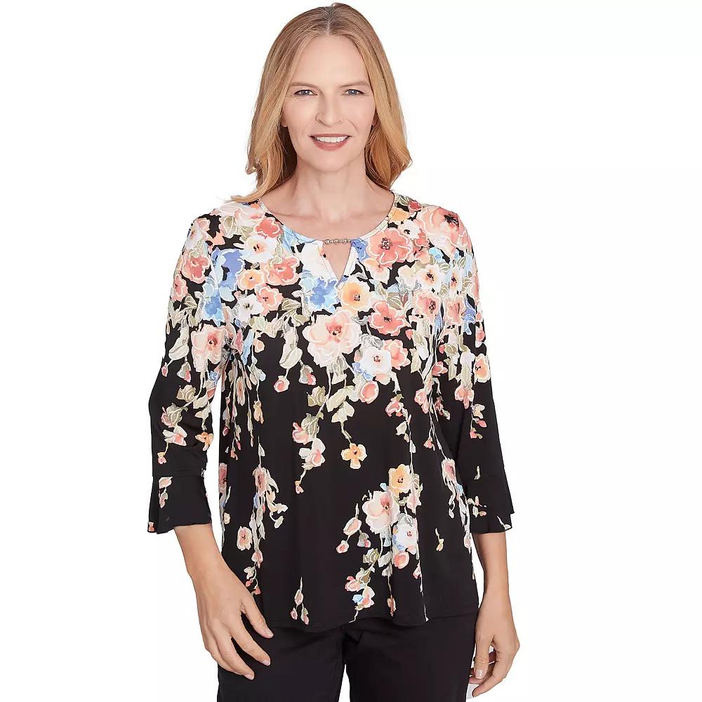 Women's Alfred Dunner Falling Flower Beaded Split Neck Top, Size: Small, Black Product Image
