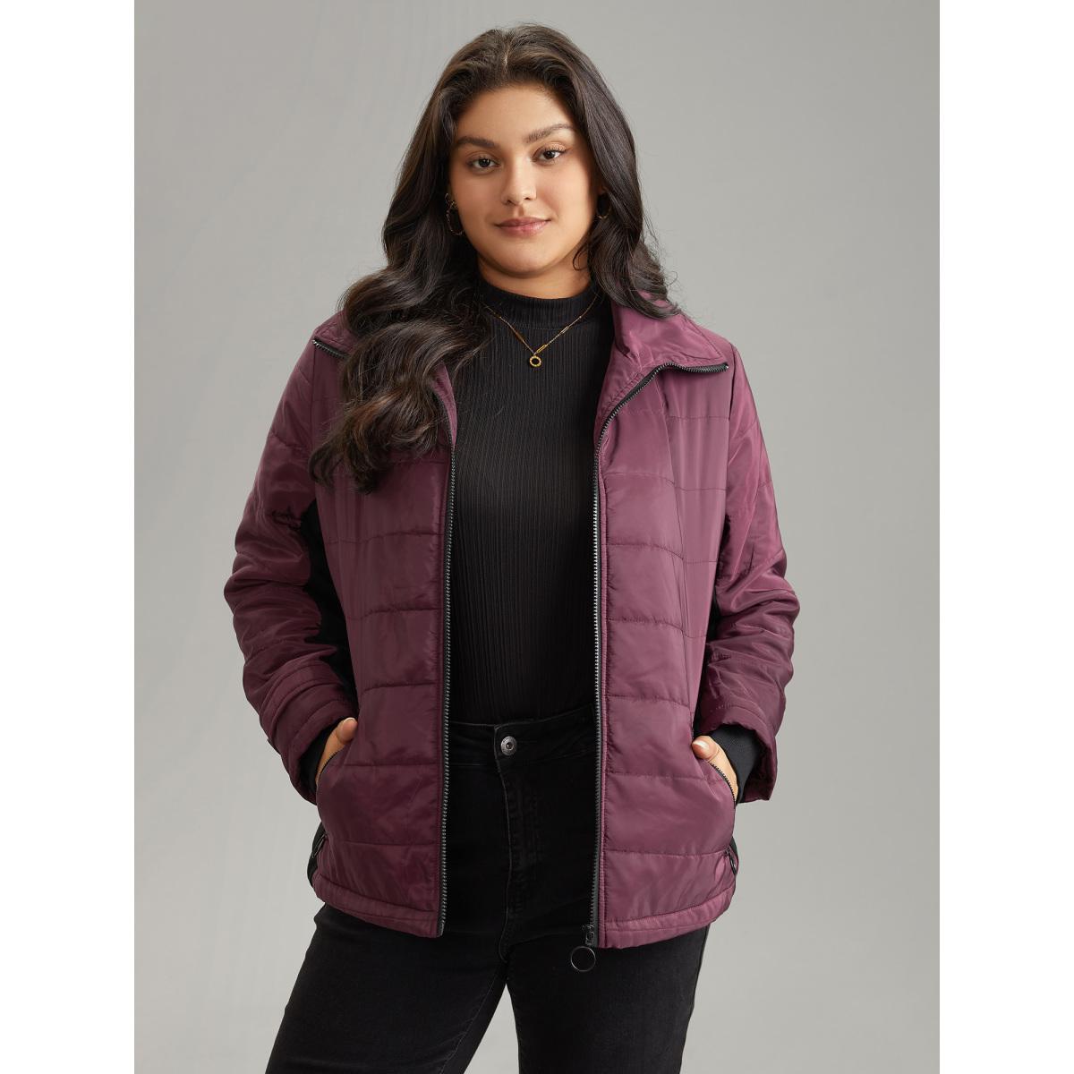 Plus Size Solid Zipper Patchwork Padded Jacket Women Burgundy Lined Pocket Everyday Jackets BloomChic 10/M Product Image