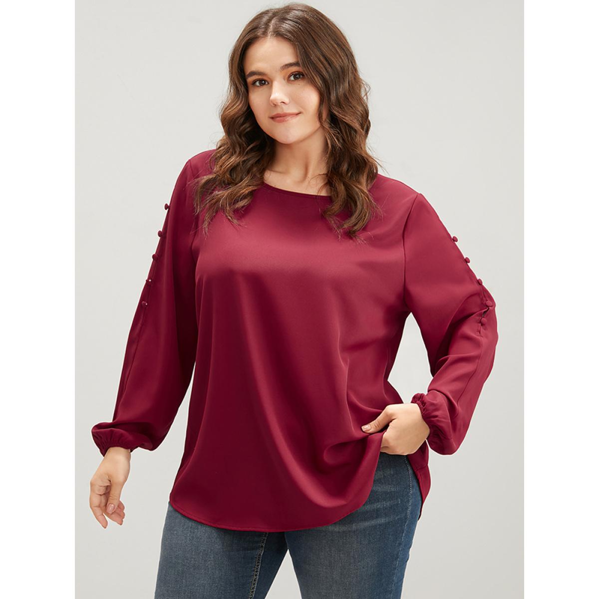 Plus Size Scarlet Solid Round Neck Button Detail Blouse Women Elegant Long Sleeve Round Neck Dailywear Blouses BloomChic 12/L Product Image