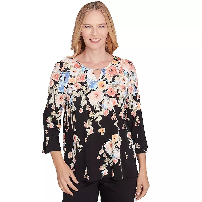 Petite Alfred Dunner Falling Flower Beaded Split Neck Top, Women's, Size: Large Petite, Black Product Image