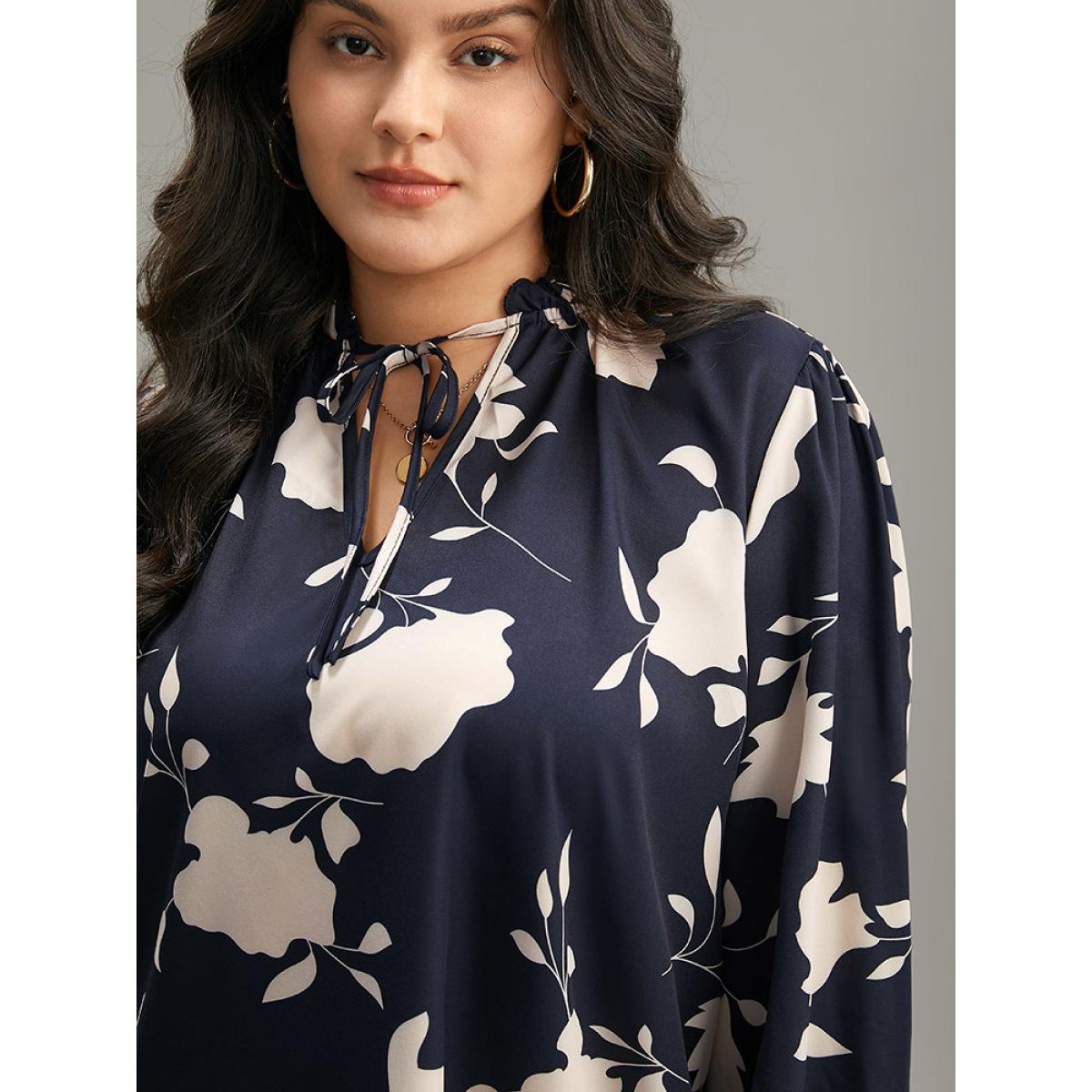 Plus Size Indigo Silhouette Floral Print Stand Collar Tie Neck Blouse Women Elegant Long Sleeve Tie Neck Dailywear Blouses BloomChic 10/M Product Image