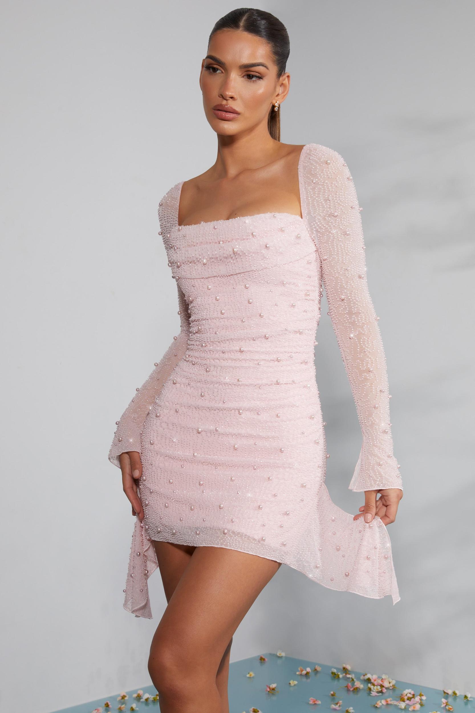 Long Sleeve Embellished Cowl Neck Mini Dress in Blush Product Image