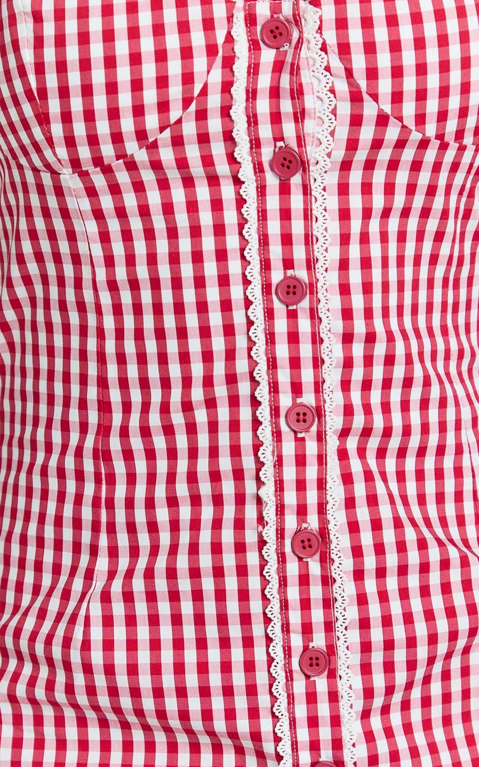 Anessa Midi Dress - Button Front Bustier Fitted Dress in Red Gingham Product Image