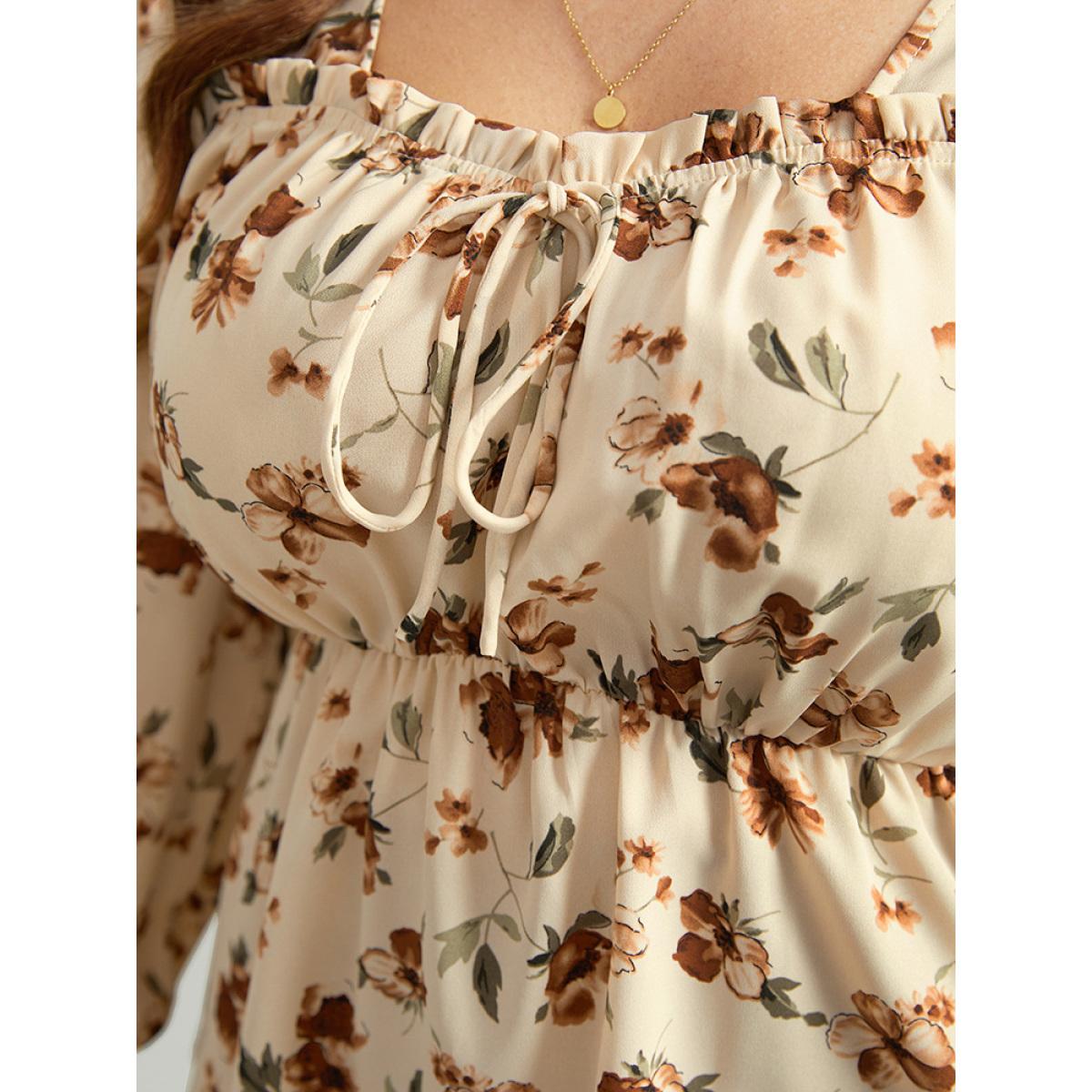 Plus Size Tan Ditsy Floral Shirred Ties Square Neck Blouse Women Elegant Long Sleeve Square Neck Dailywear Blouses BloomChic 18-20/2X Product Image