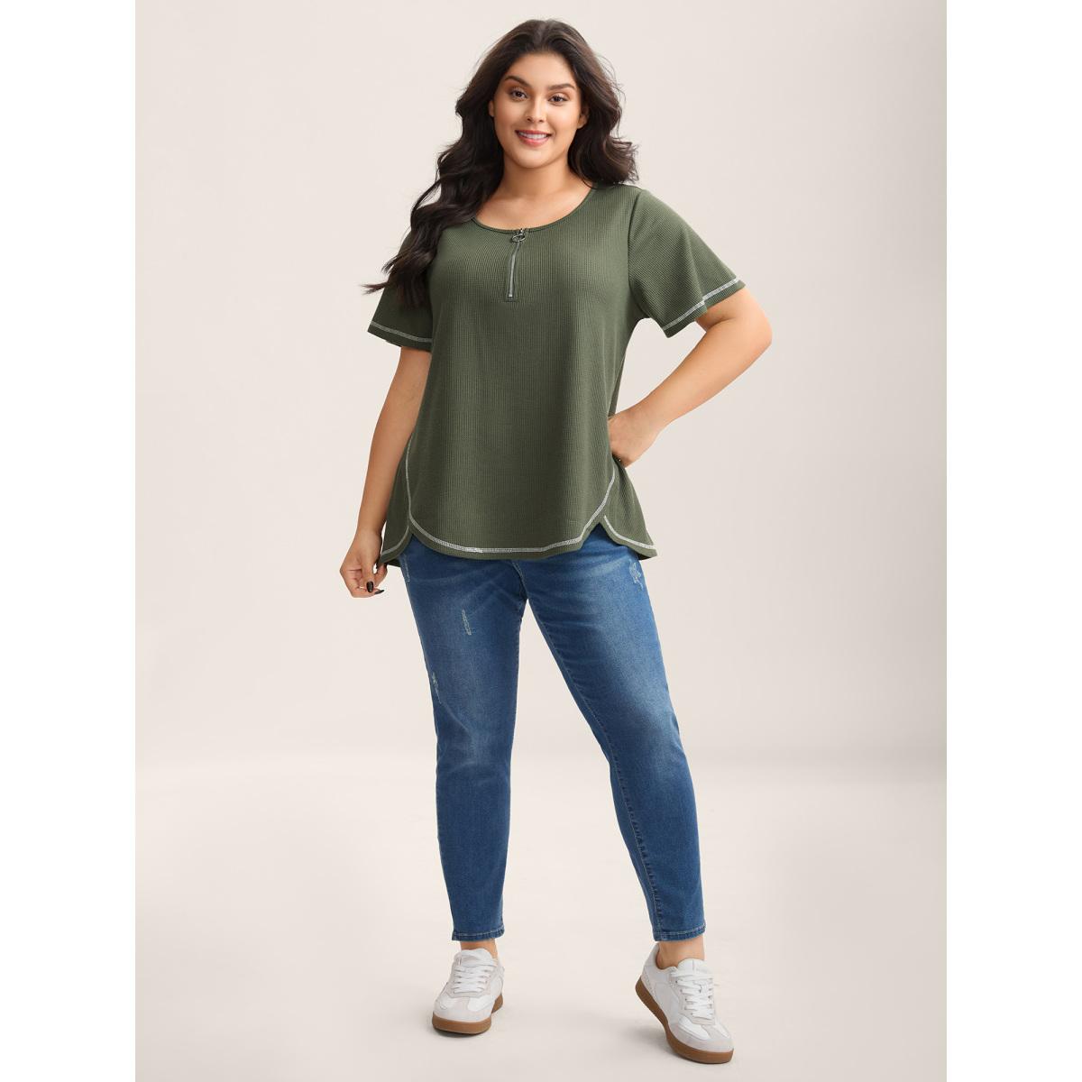 Plus Size Waffle High Low Hem Zipper T-Shirt ArmyGreen Women Leisure Topstitching Round Neck Casual T-shirts BloomChic 26/4X Product Image