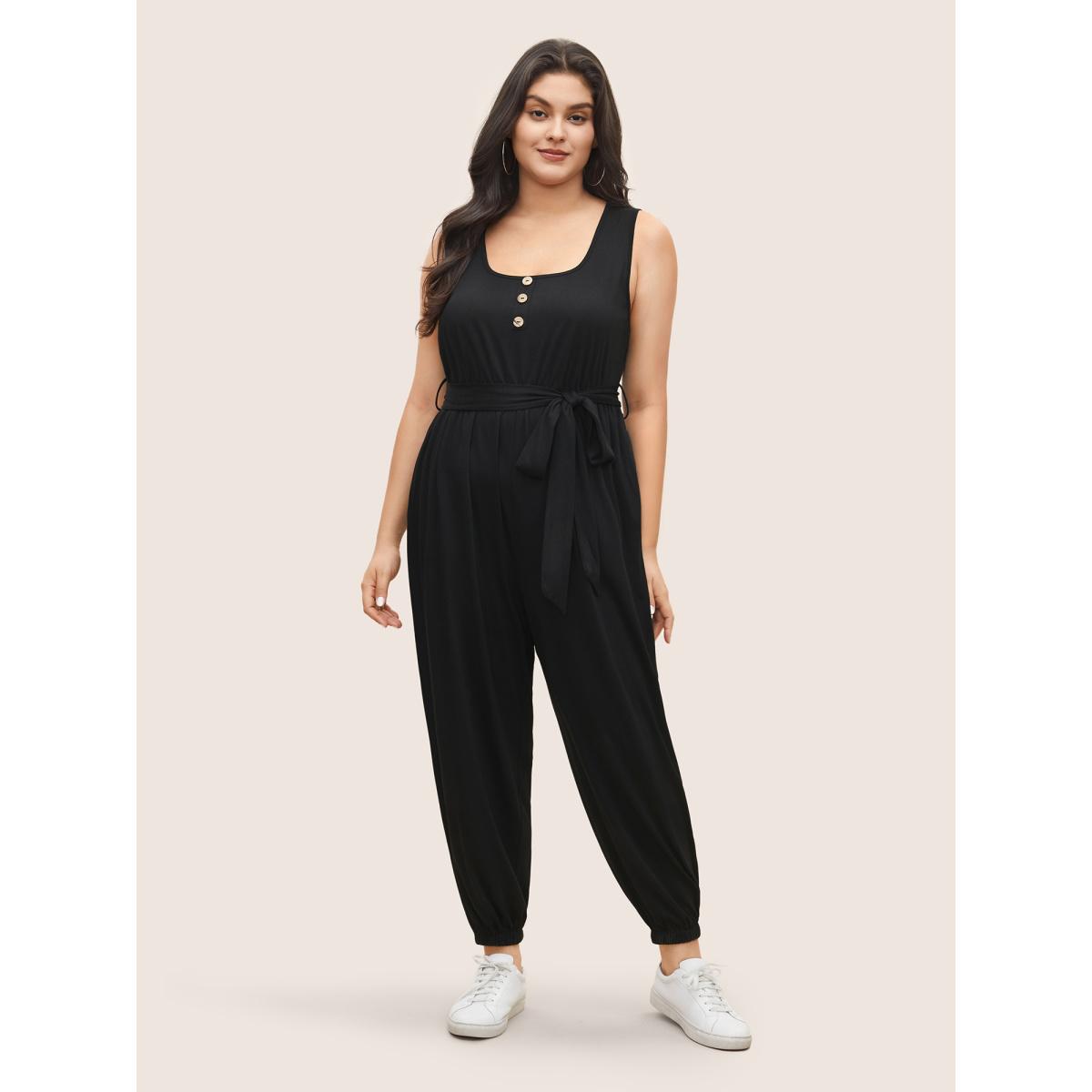 Plus Size Black Supersoft Essentials Plain Button Detail Belted Jumpsuit Women Leisure Sleeveless Non Casual Loose Jumpsuits BloomChic 10/M Product Image