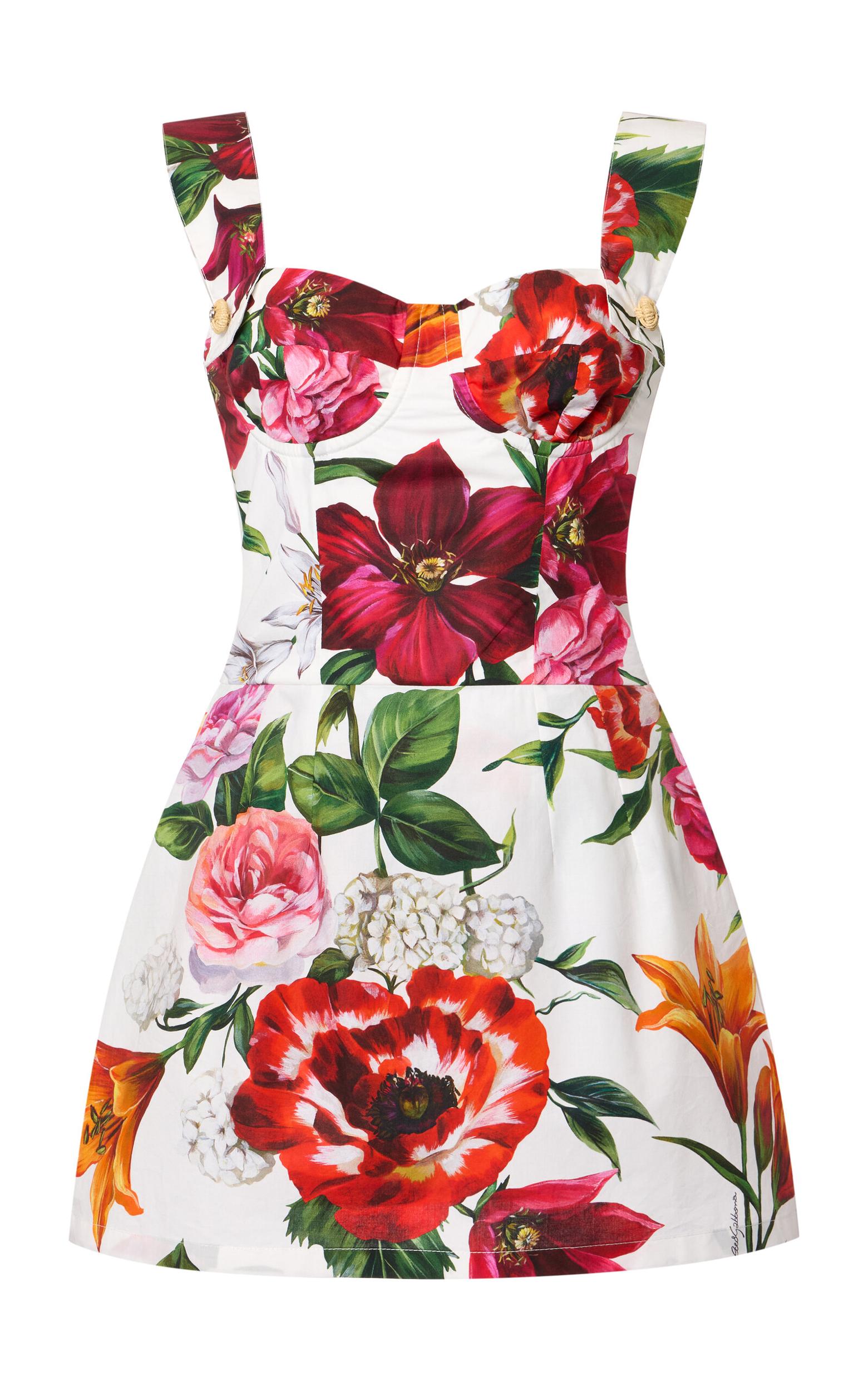 DOLCE & GABBANA Floral-printed Cotton Poplin Bustier Mini Dress In White Product Image