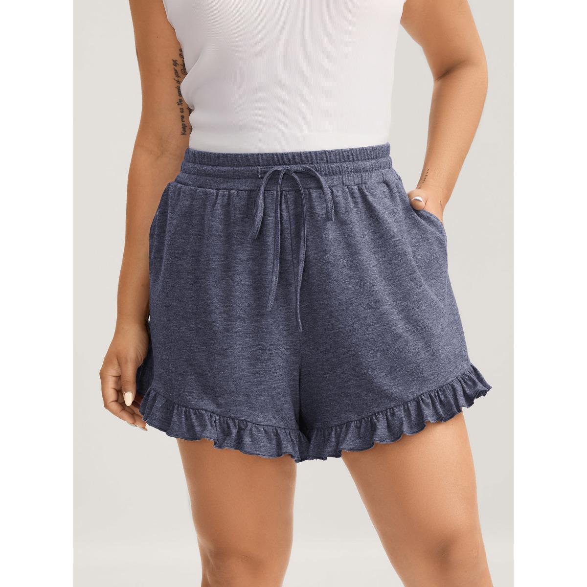 Plus Size Supersoft Mixed Color Knit Drawstring Ruffled Shorts Women Indigo Leisure Drawstring Wide Leg Casual Shorts BloomChic 14-16/1X Product Image