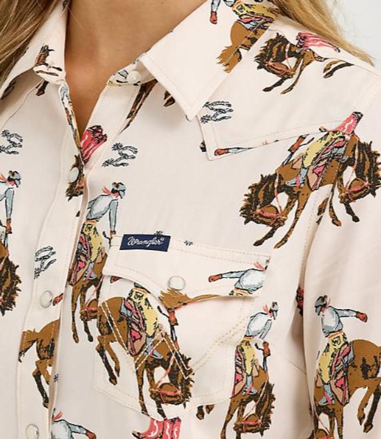 Wrangler® Ladies' L/S Cream Bucking Cowboy Print Snap Shirt Product Image