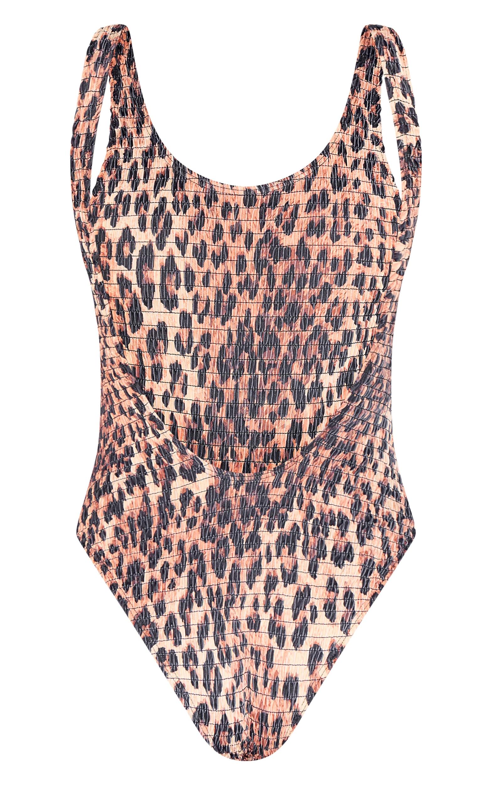 Brown Leopard Print Shirred Backless Swimsuit Product Image