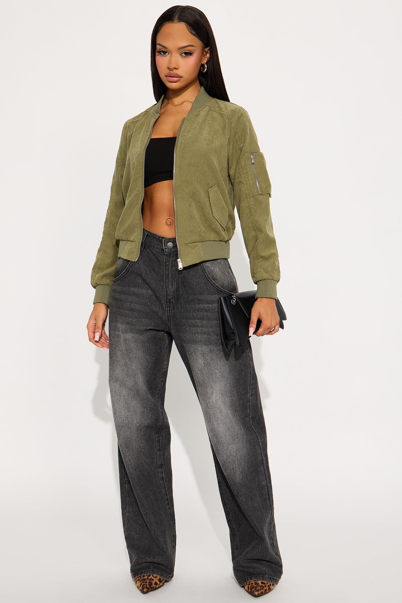 Good Vibes Faux Suede Bomber Jacket - Sage Female Product Image