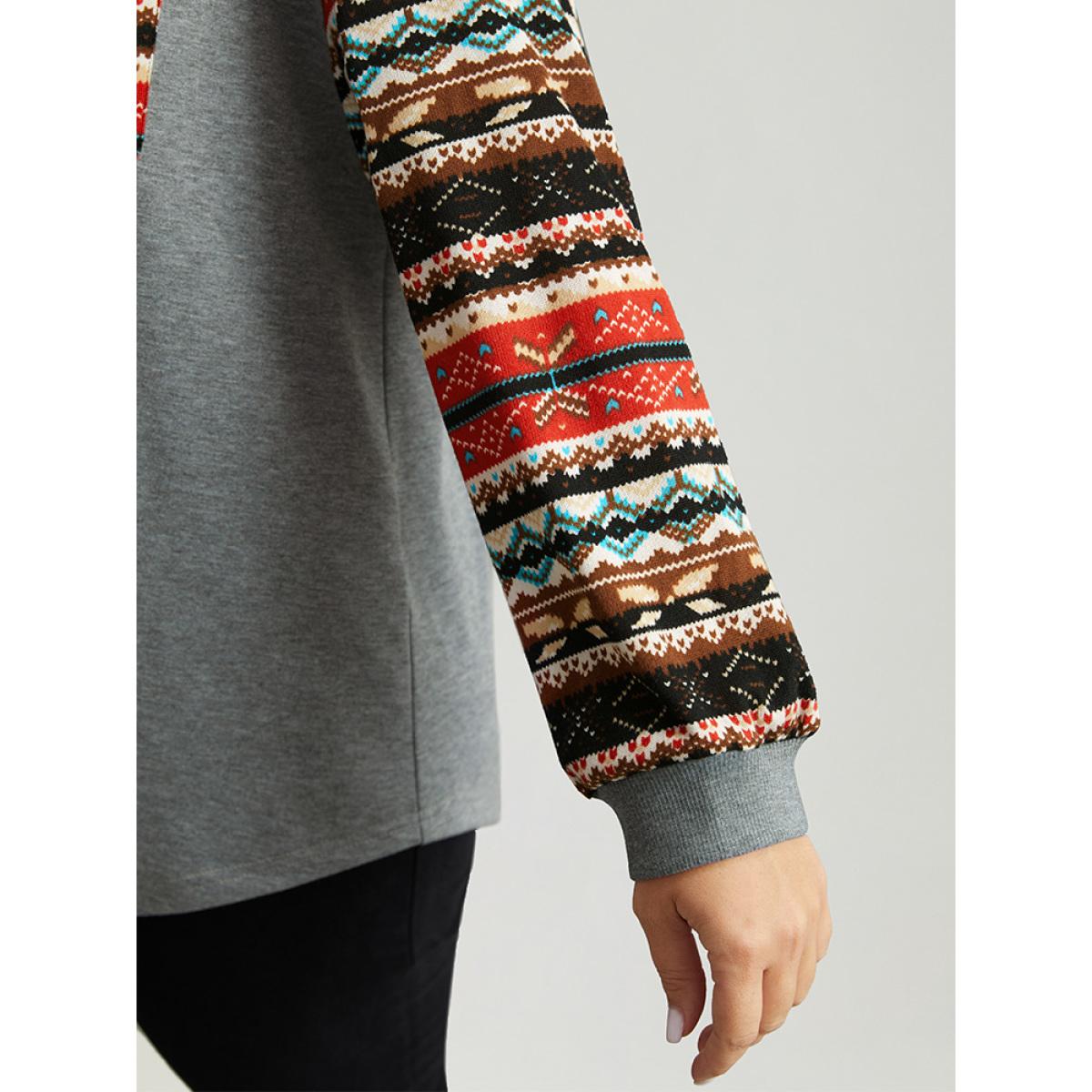 Plus Size Bandana Print Patchwork Patched Pocket Sweatshirt Women Gray Casual Elastic cuffs Round Neck Festival-Christmas Sweatshirts BloomChic 22-24/3X Product Image