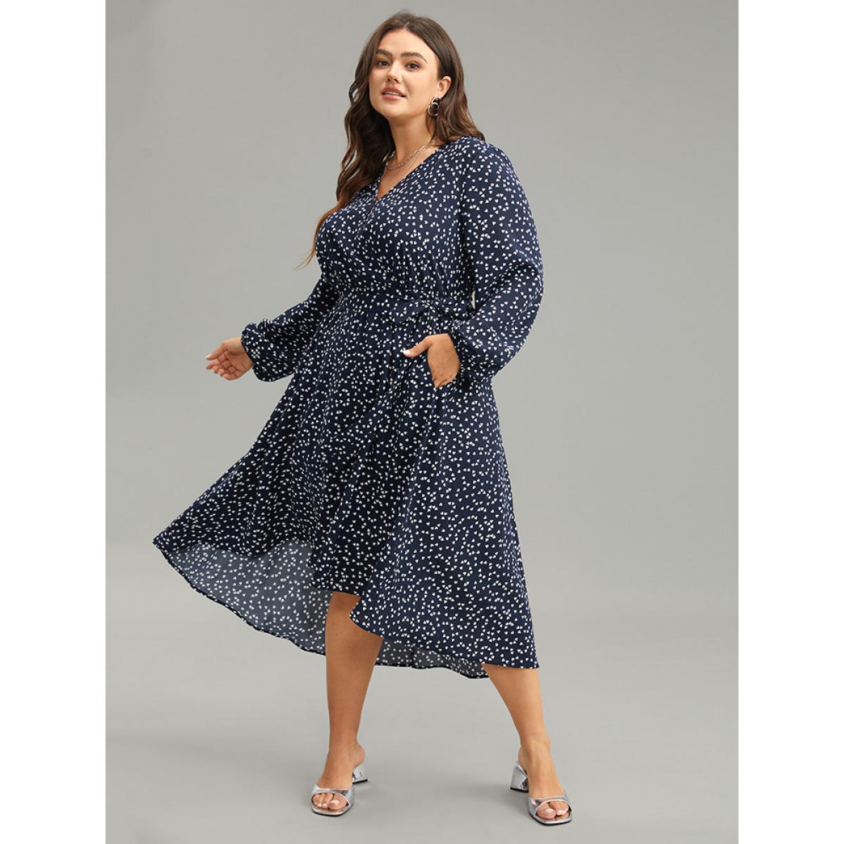 Plus Size Heart Print Belted Surplice Neck Dress DarkBlue Women Elegant Elastic cuffs V-neck Long Sleeve Curvy Midi Dress BloomChic 30/6X Product Image