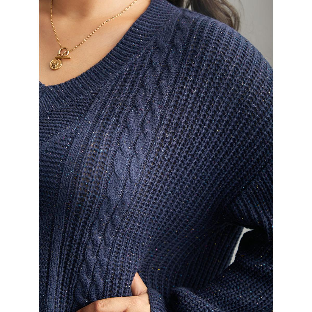 Plus Size Cable Knit Lurex V Neck Pullover Indigo Women Casual Loose Long Sleeve V-neck Dailywear Pullovers BloomChic 18-20/2X Product Image